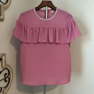 Juicy Couture Ruffle Layer Crepe Embellished Neckline Women's Blouse Sz XS